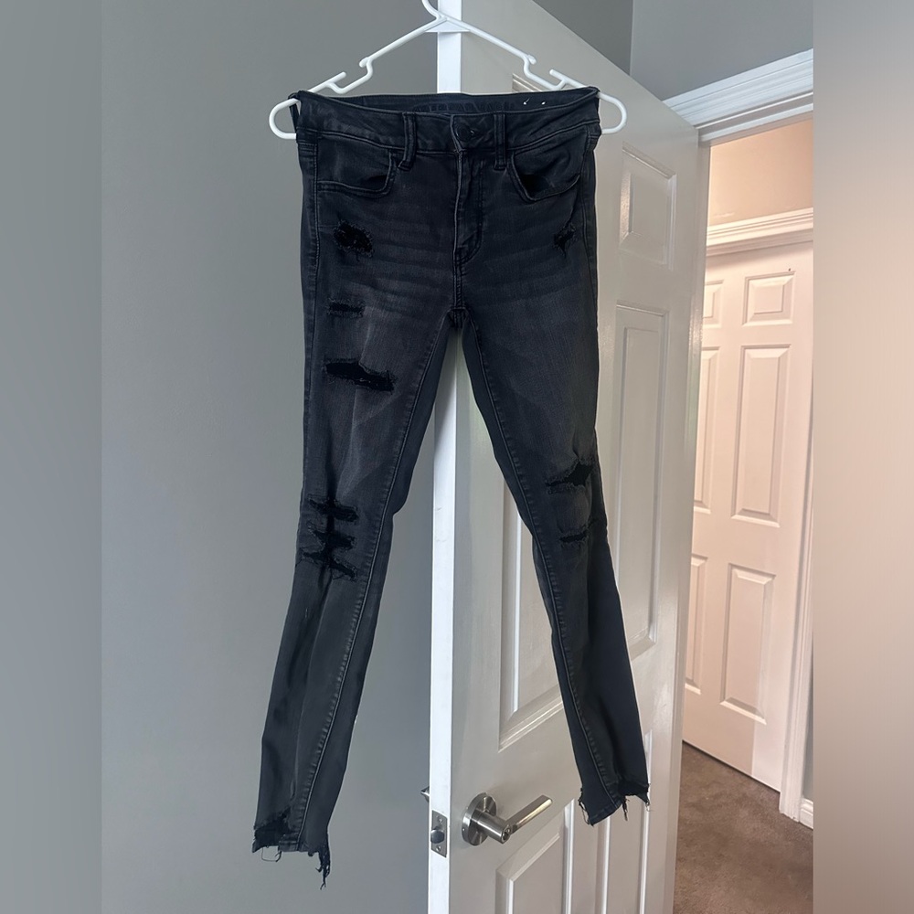 American Eagle Next Level Stretch Black Ripped Skinny Jeans
